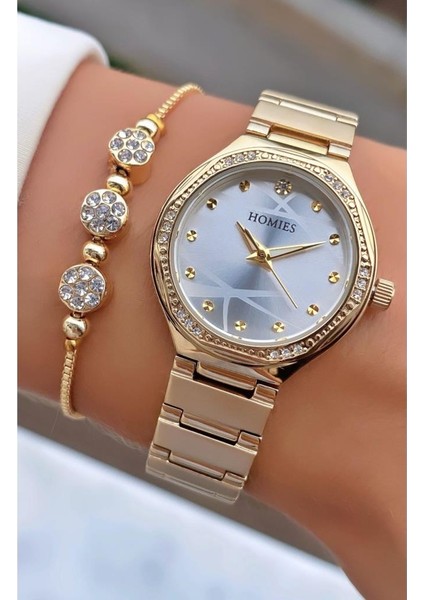 MRD11714 Altın Renk Kadın Kol Saati Bileklik Hediyeli