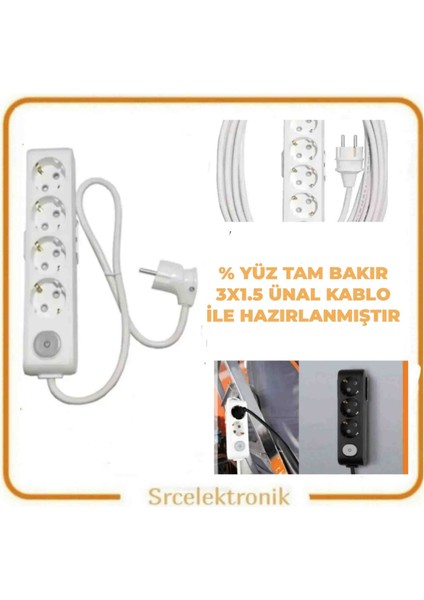 Multi-Let 4'lü Ünal Kablolu (1 ile 10 Metre Arası) Anahtarlı Topraklı Çocuk Korumalı Uzatma ( 3x1.5 Tam Bakır) Ttr Kablo HO5VV-F