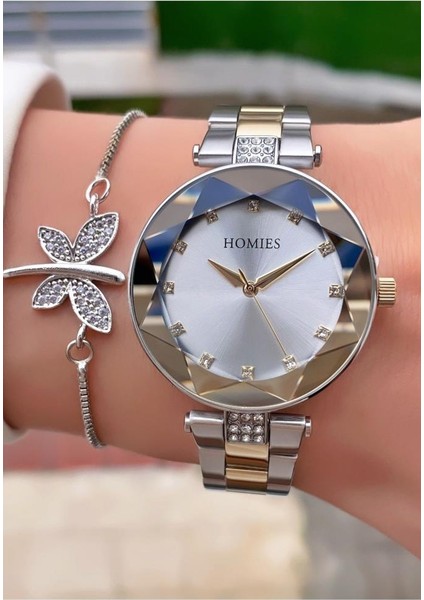 MRD11543 Sarı Gümüş Renk Kadın Kol Saati Bileklik Hediyeli