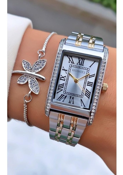 MRD11485 Sarı Gümüş Renk Kadın Kol Saati Bileklik Hediyeli