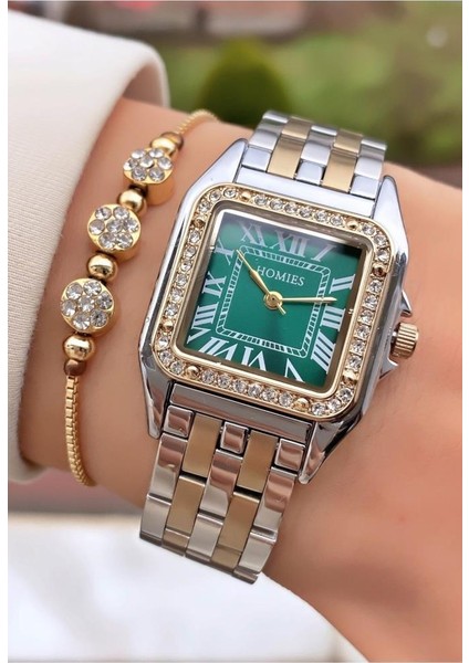 MRD11715 Sarı Gümüş Renk Kare Kadın Kol Saati Bileklik Hediyeli