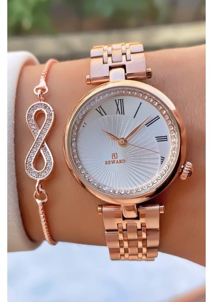 MRD11896 Rose Gold Renk Çelik Kordon Kadın Kol Saati Bileklik Hediyeli