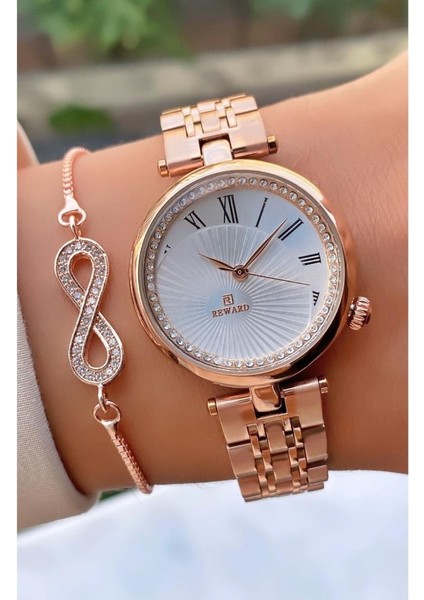 MRD11896 Rose Gold Renk Çelik Kordon Kadın Kol Saati Bileklik Hediyeli