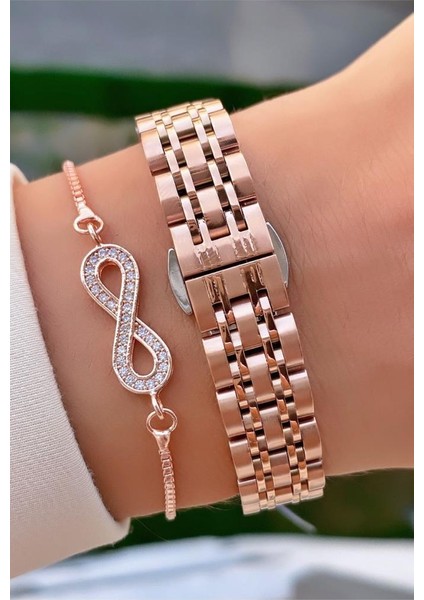 MRD11896 Rose Gold Renk Çelik Kordon Kadın Kol Saati Bileklik Hediyeli
