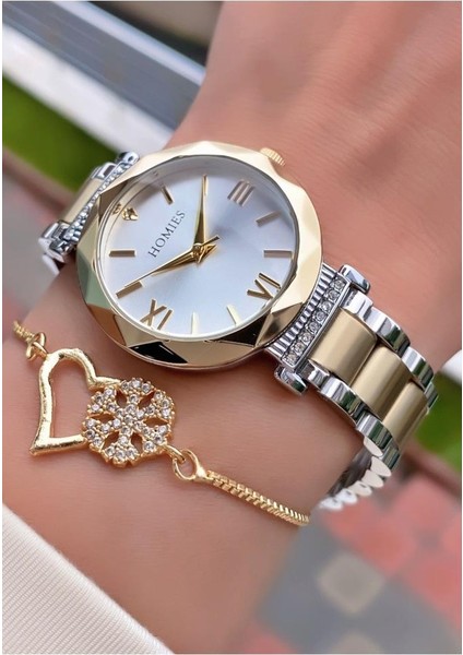 MRD11718 Sarı Gümüş Renk Kadın Kol Saati Bileklik Hediyeli fiyatları