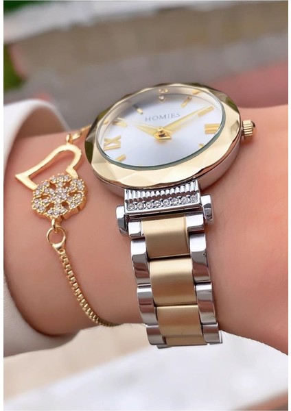 MRD11718 Sarı Gümüş Renk Kadın Kol Saati Bileklik Hediyeli modelleri