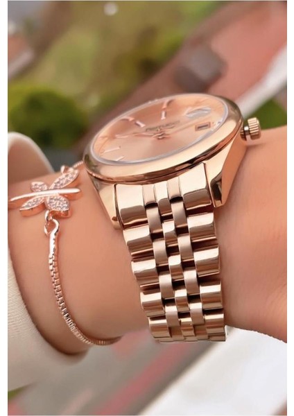 MRD11828 Rose Gold Renk Çelik Kordon Kadın Kol Saati Bileklik Hediyeli fiyatları