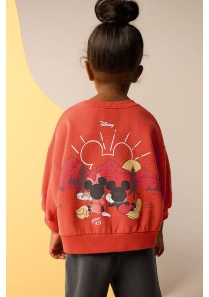 Kız Çocuk Kırmızı Mickey Mouse Desenli 3 Iplik Kışlık Pamuklu Sweatshirt Geniş Eşofman Alt-Üst Takım