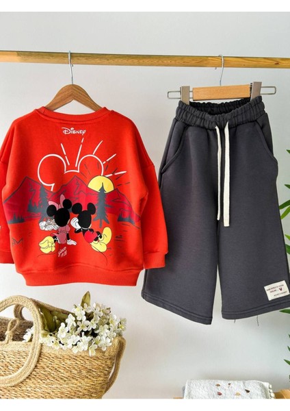 Kız Çocuk Kırmızı Mickey Mouse Desenli 3 Iplik Kışlık Pamuklu Sweatshirt Geniş Eşofman Alt-Üst Takım