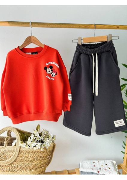 Kız Çocuk Kırmızı Mickey Mouse Desenli 3 Iplik Kışlık Pamuklu Sweatshirt Geniş Eşofman Alt-Üst Takım