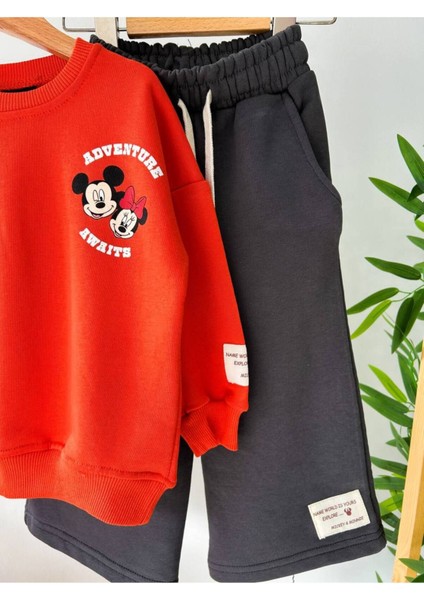 Kız Çocuk Kırmızı Mickey Mouse Desenli 3 Iplik Kışlık Pamuklu Sweatshirt Geniş Eşofman Alt-Üst Takım