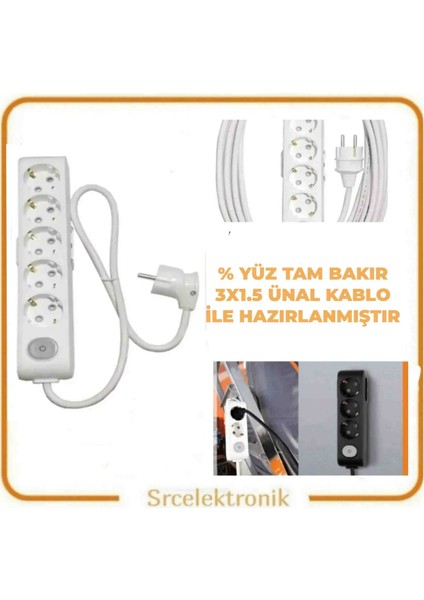 Multi-Let 5'li Ünal Kablolu (1 ile 10 Metre Arası) Anahtarlı Topraklı Çocuk Korumalı Uzatma ( 3x1.5 Tam Bakır) Ttr Kablo HO5VV-F