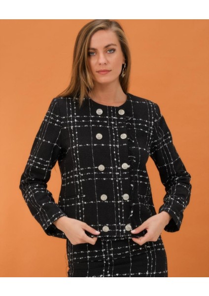 Siyah-Beyaz Ekoseli Buklet Şanel Kışlık Kumaş Blazer Ceket