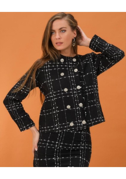 Siyah-Beyaz Ekoseli Buklet Şanel Kışlık Kumaş Blazer Ceket