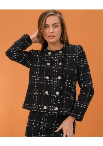 Siyah-Beyaz Ekoseli Buklet Şanel Kışlık Kumaş Blazer Ceket