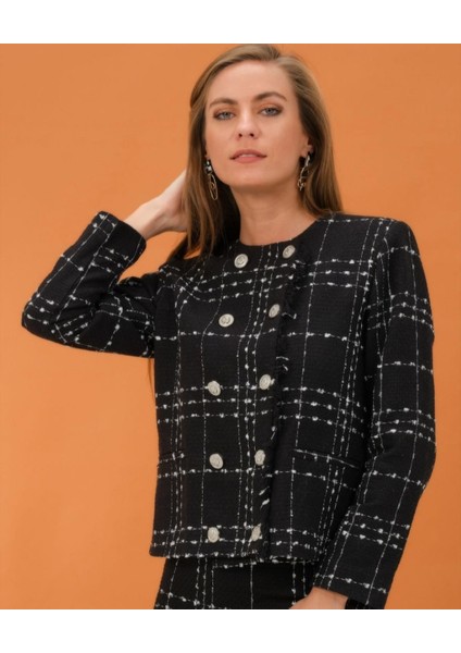 Siyah-Beyaz Ekoseli Buklet Şanel Kışlık Kumaş Blazer Ceket