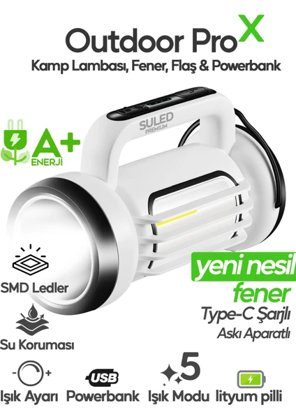 Outdoor Pro2 Işıldak Profesyonel Kamp Lambası ve Fener Şarjlı USB Powerbank Özellikli