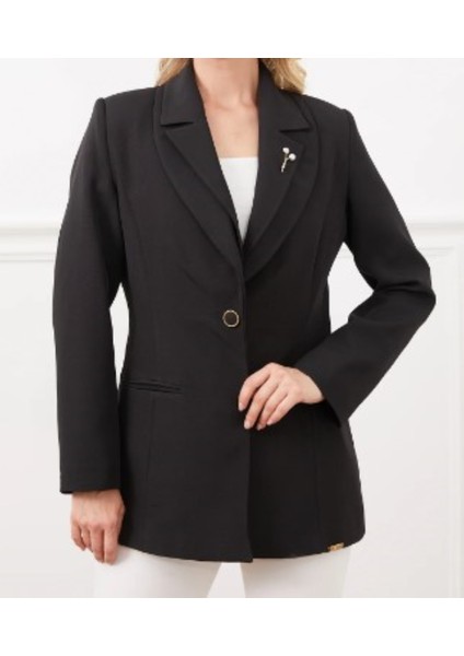 Siyah Çift Yaka Broşlu Blazer Ceket