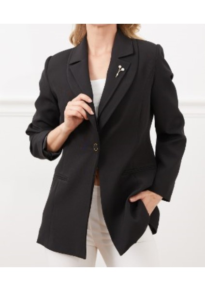 Siyah Çift Yaka Broşlu Blazer Ceket