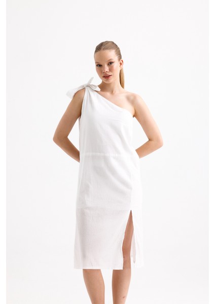 Beyaz Tek Omuz Bağlamalı Yırtmaçlı Elbise fiyatları