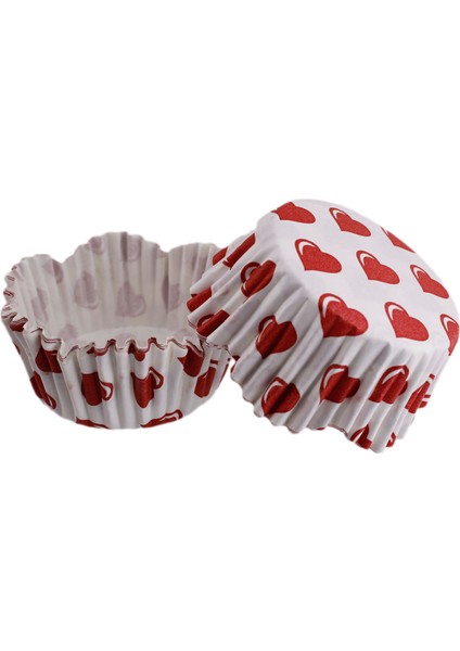 Cupcake Kalıbı Pet Kapsül Dalgalı Kek Kalıbı 65 x 38 mm x 100 Adet - Beyaza Kırmızı Kalp Desenli