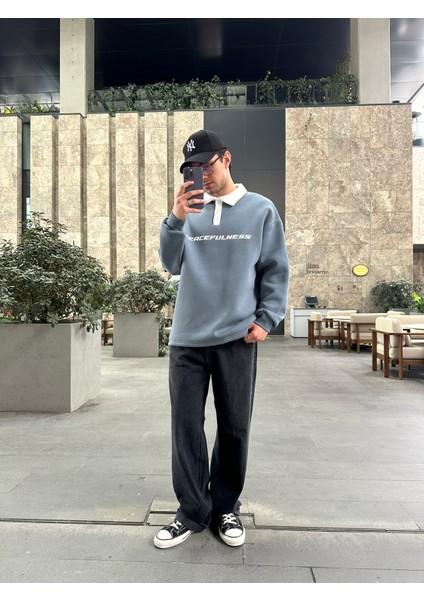 Polo Yaka 'peacefulness' Baskılı Oversize Sweatshirt Gri modelleri