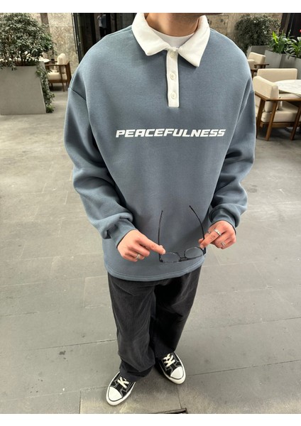 Polo Yaka 'peacefulness' Baskılı Oversize Sweatshirt Gri fırsatları