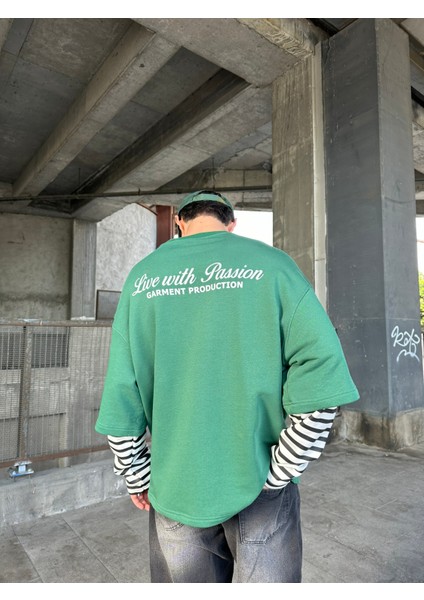 Bisiklet Yaka 'live With Passion' Baskılı Sweatshirt Yeşil