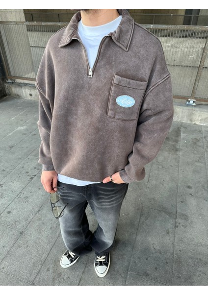 Yıkamalı Polo Yarım Fermuarlı Yaka Oversize Sweatshirt Kahverengi