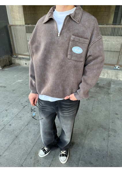 Yıkamalı Polo Yarım Fermuarlı Yaka Oversize Sweatshirt Kahverengi modelleri