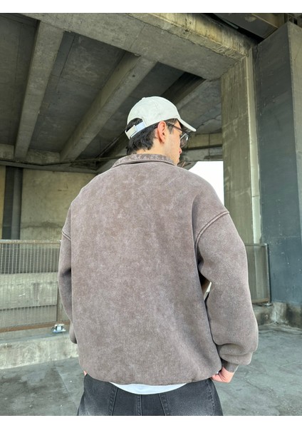 Yıkamalı Polo Yarım Fermuarlı Yaka Oversize Sweatshirt Kahverengi fırsatları