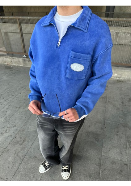 Yıkamalı Polo Yarım Fermuarlı Yaka Oversize Sweatshirt Mavi