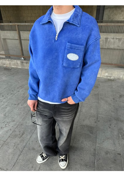 Yıkamalı Polo Yarım Fermuarlı Yaka Oversize Sweatshirt Mavi indirimleri