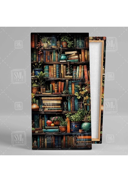 Kütüphanedeki Kitaplar ve Çiçekler Edebiyat Aşkı Kitap Rafı Boyuna Dikey Kanvas Tablo