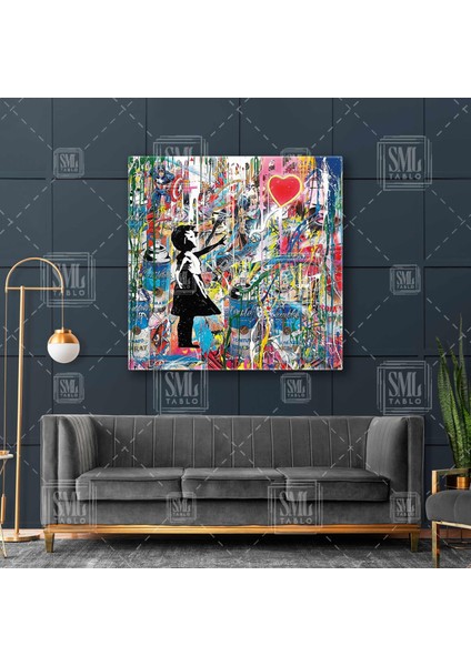 Banksy Grafitti Duvar Sanatı Kalpli Balonu Uçan Çocuk Kare Kanvas Tablo