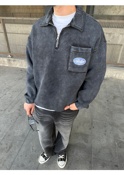 Yıkamalı Polo Yarım Fermuarlı Yaka Oversize Sweatshirt Siyah