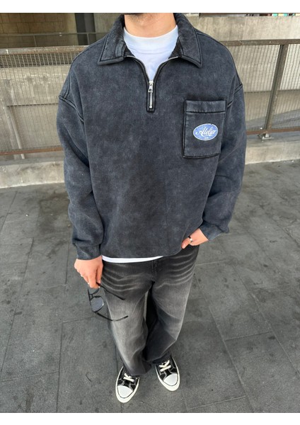 Yıkamalı Polo Yarım Fermuarlı Yaka Oversize Sweatshirt Siyah fiyatları