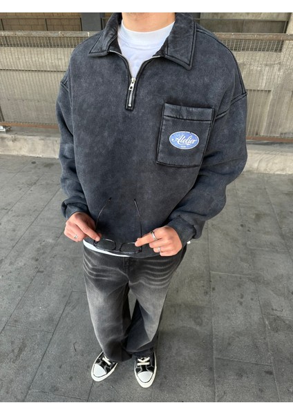 Yıkamalı Polo Yarım Fermuarlı Yaka Oversize Sweatshirt Siyah modelleri