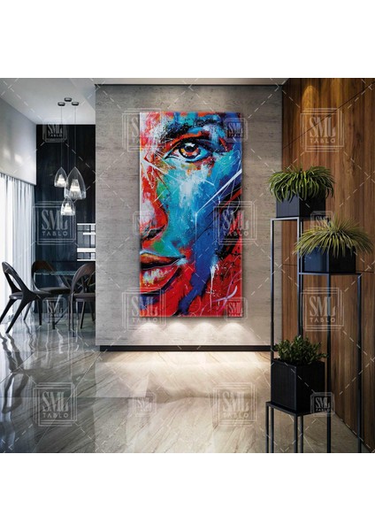 Dekoratif Art Soyut Portre Kız, Half Face Kırmızı ve Mavi Yüzlü Kadın Boyuna Dikey Kanvas Tablo