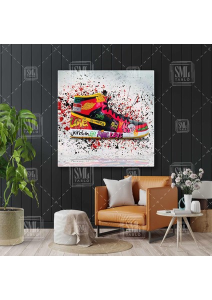 Kırmızı Sneaker Ayakkabı Boya Sıçramaları Grafitti Genç Odası Kare Kanvas Tablo