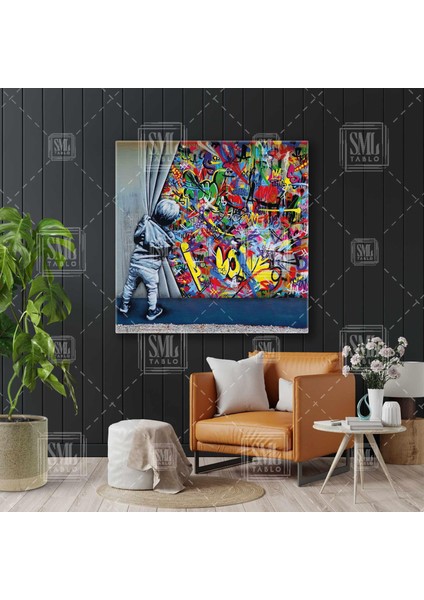 Perdenin Arkasından Bakan Çocuk Banksy Grafitti Duvar Sanatı Kare Kanvas Tablo