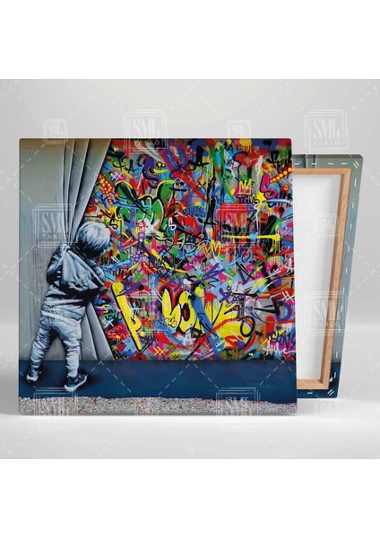 Perdenin Arkasından Bakan Çocuk Banksy Grafitti Duvar Sanatı Kare Kanvas Tablo