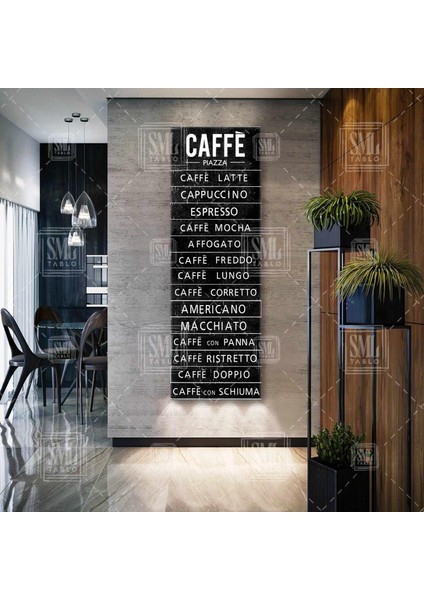 Restaurant Cafe Pizza Kahve Köşesi Kahve Çeşitleri Tabelası Menü Liste Panoramik Dikey Kanvas Tablo