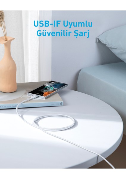 322 PowerLine USB-C to USB-C Örgülü Kablo 3ft/0.9m 60W - USB-IF - Beyaz - A81F5 (Anker Türkiye Garantili)