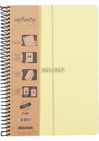 Infinity Pastel Serisi, A4, 5 Konulu (4 Kareli, 1 Çizgili) 150 Yaprak Pp Kapaklı Spiralli Defter, Sarı