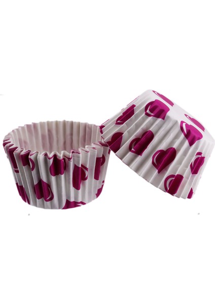 Cupcake Kalıbı Pet Kapsül Kek Kalıbı 48X34 mm (100 Adet) Beyaza Fuşya Kalpli