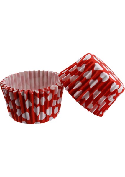 Cupcake Kalıbı Pet Kapsül Kek Kalıbı 48X34 mm (100 Adet) Kırmızıya Beyaz Kalp Desenli