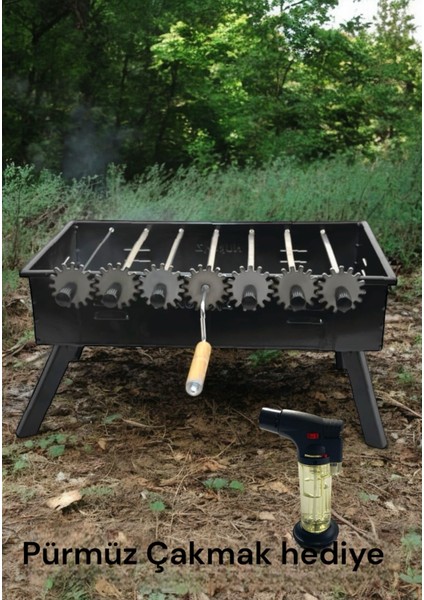 Çevirmeli Mangal Barbekü Katlanır Ayaklı Çantalı Çakmak Hediyeli Büyük Şiş Çevirmeli Mangal