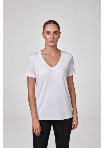 Kadın Kısa Kollu Derin V Yaka T-Shirt Bluz