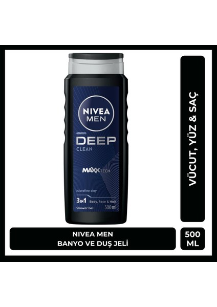 NIVEA MEN Deep Dimension Erkek Duş Jeli 500ml; 3ü1 Arada Vücut; Saç ve Yüz için Pratik Kullanım